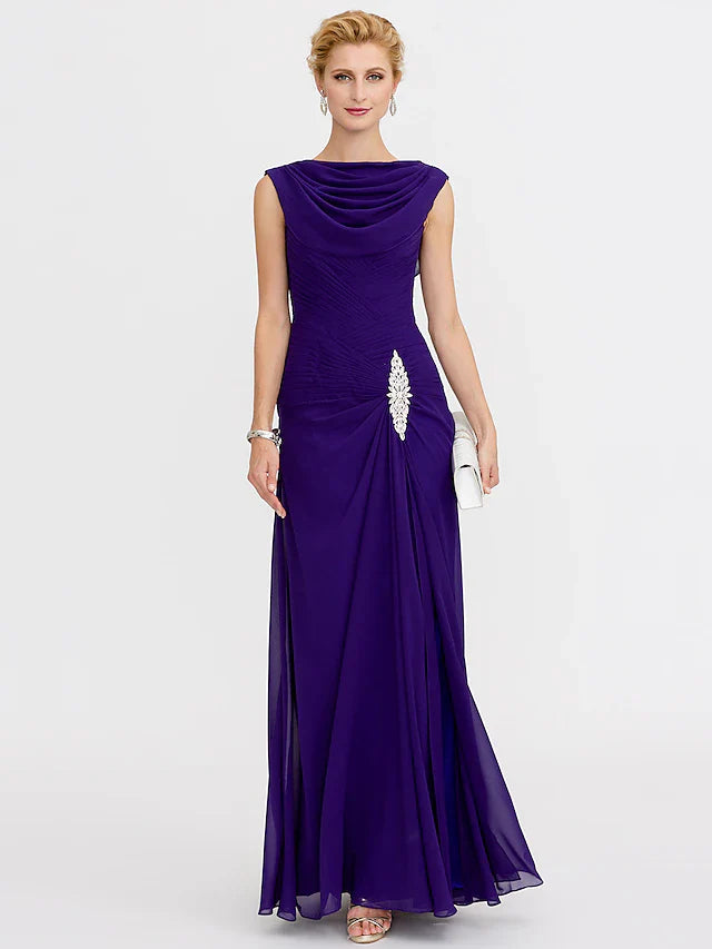 Wholesale Sheath / Column Mother of the Bride Dress Color Block Lace Up Cowl Neck Ankle Length Chiffon Charmeuse Sleeveless with Criss Cross Beading
